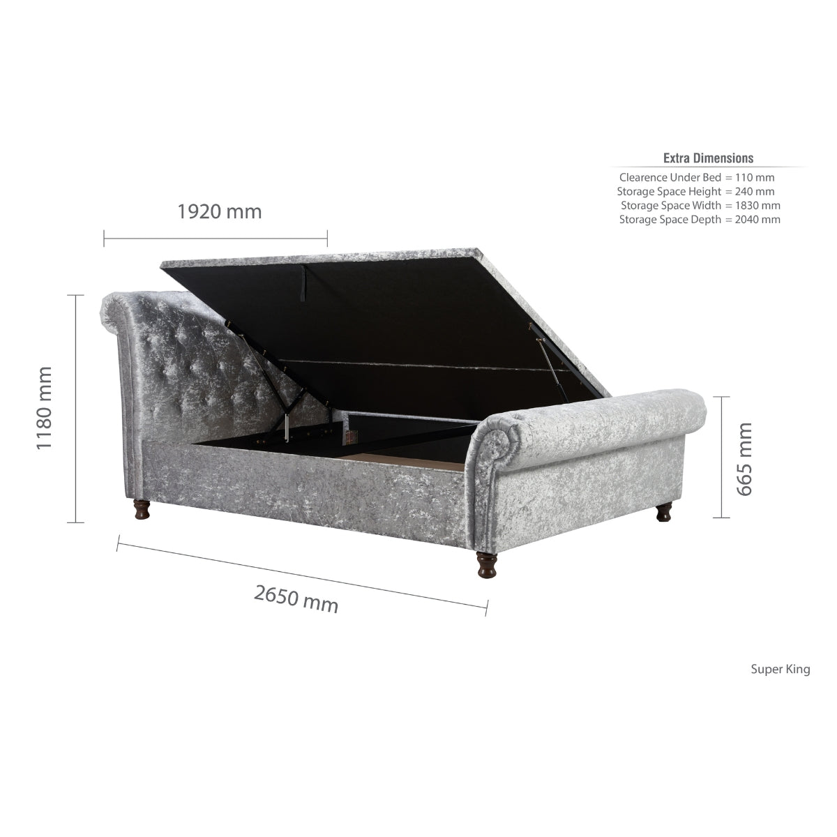 Castello Super King Side Ottoman - Steel Crushed Velvet