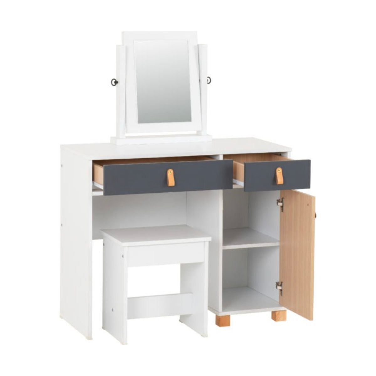 Brooklyn Dressing Table Set Mirror Stool in Oak Effect and Grey Finish