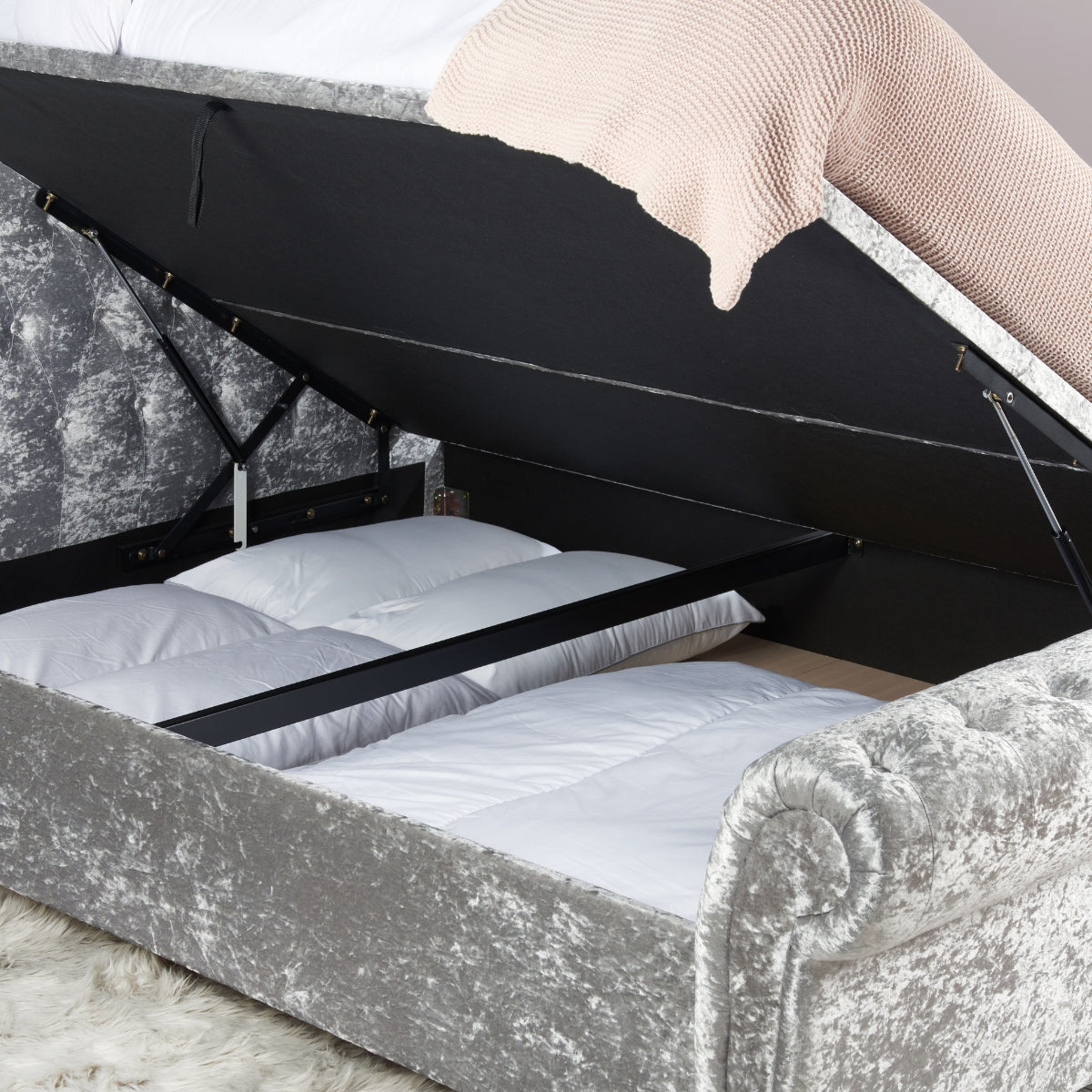Castello Super King Side Ottoman - Steel Crushed Velvet