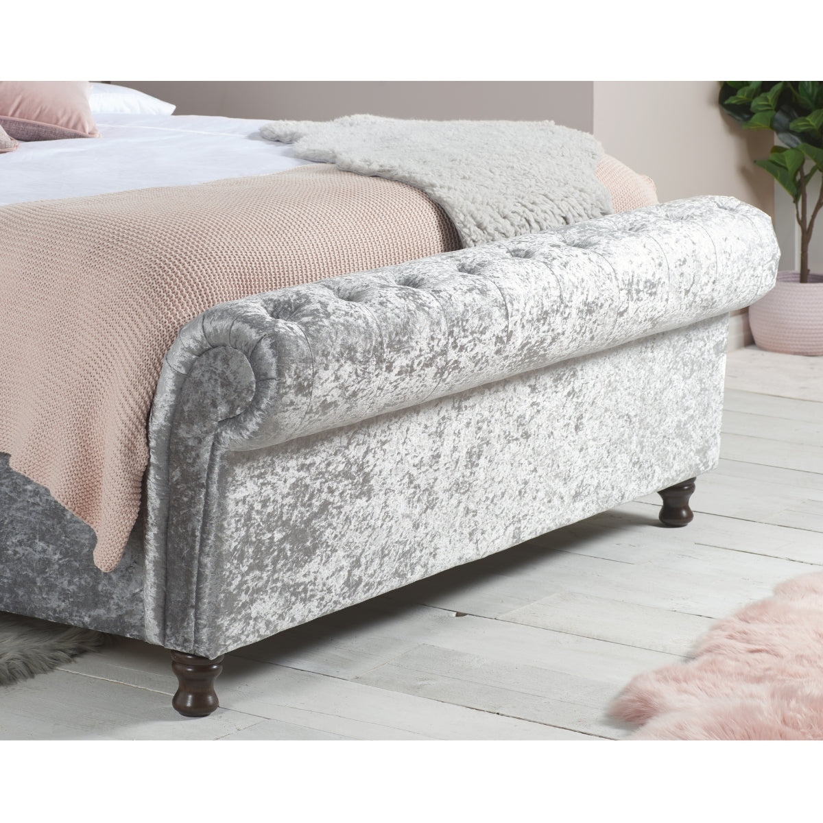 Castello Super King Side Ottoman - Steel Crushed Velvet