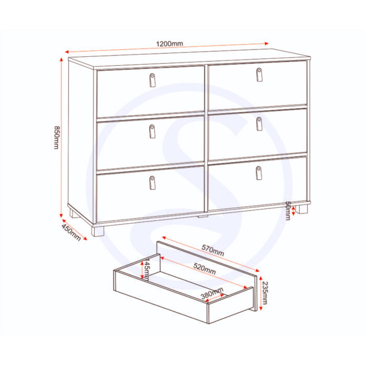 Brooklyn 6 Drawer Chest in Oak Effect and Grey Finish