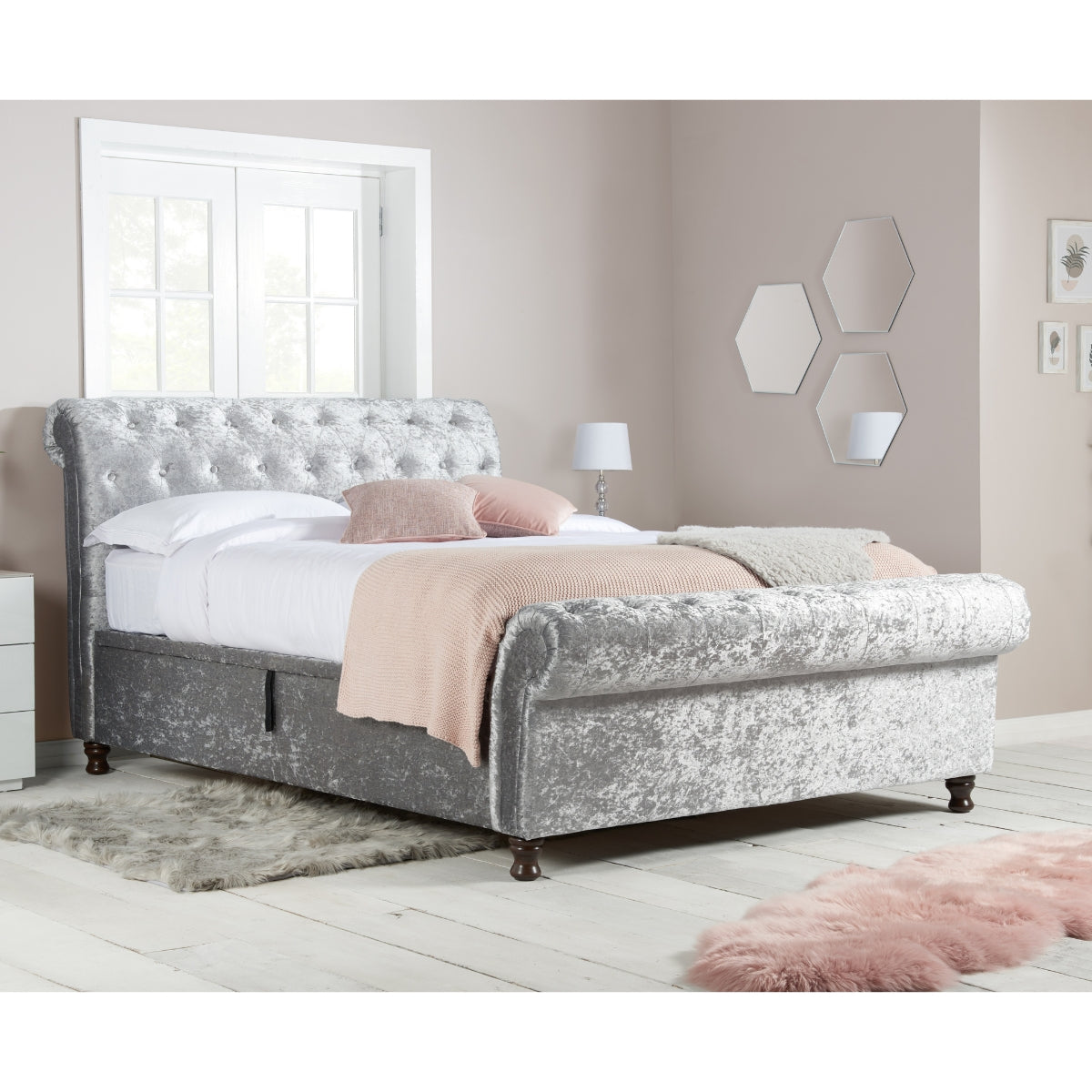 Castello Super King Side Ottoman - Steel Crushed Velvet