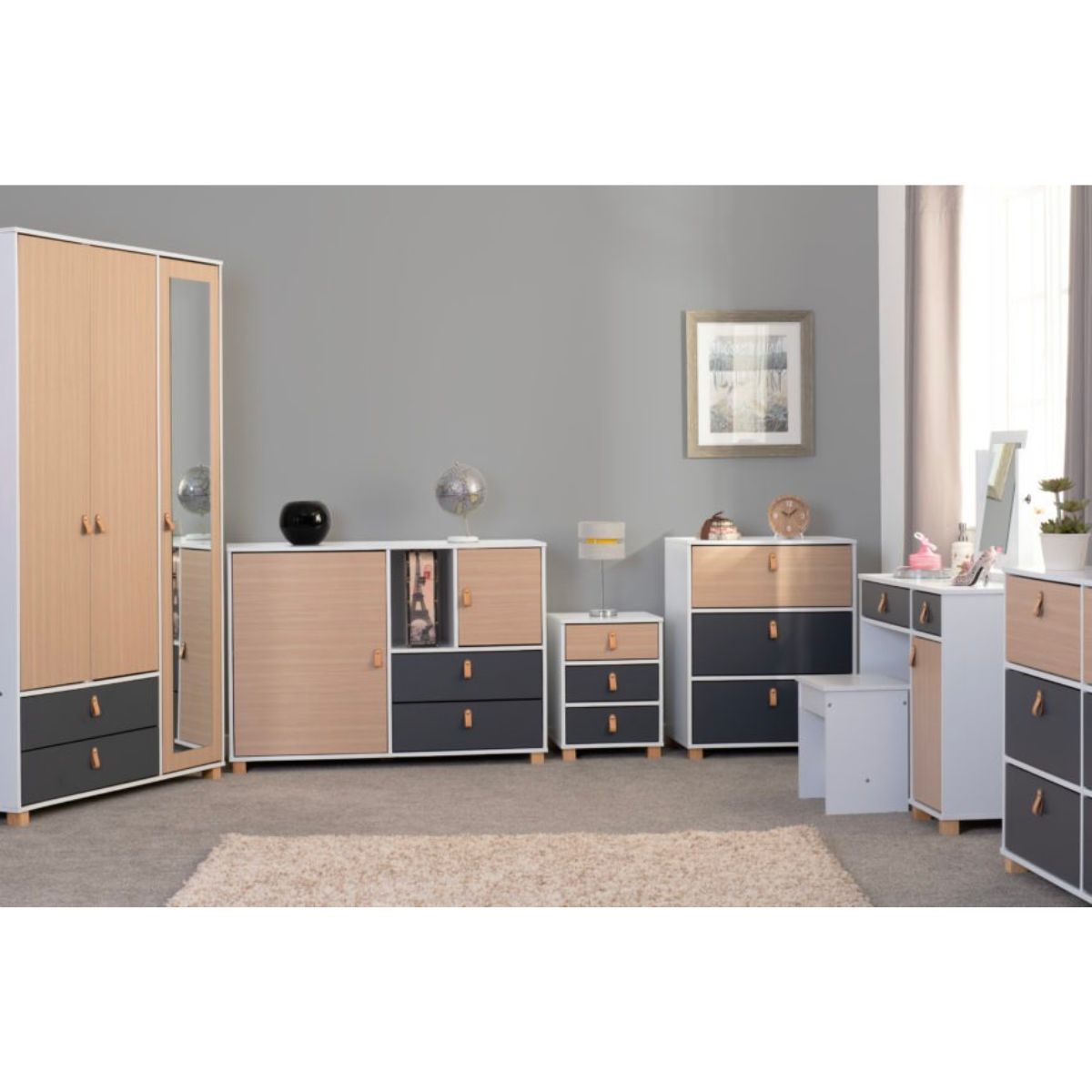 Brooklyn 3 Door 2 Drawer Mirrored Wardrobe in Oak Effect and Grey Finish