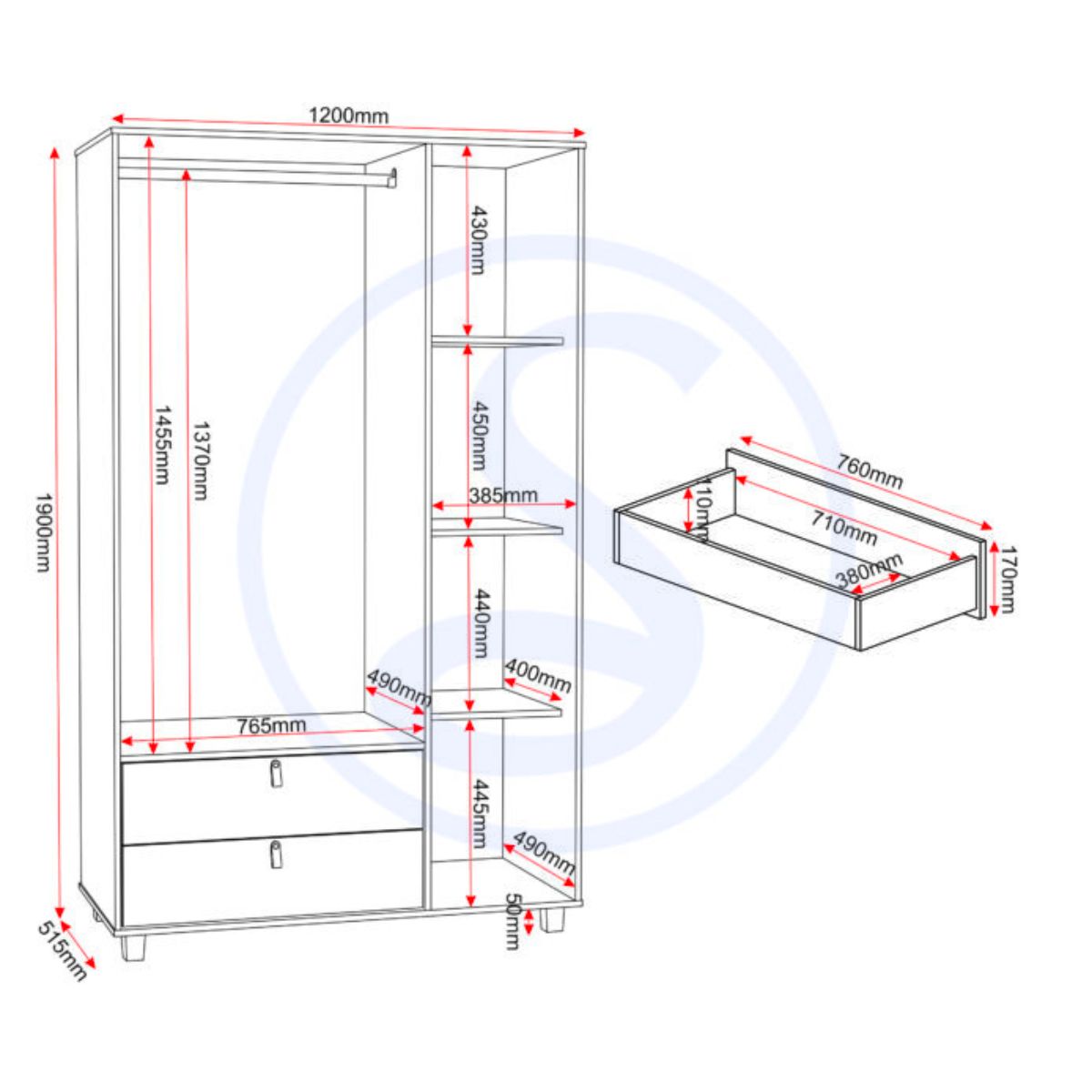 Brooklyn 3 Door 2 Drawer Mirrored Wardrobe in Oak Effect and Grey Finish