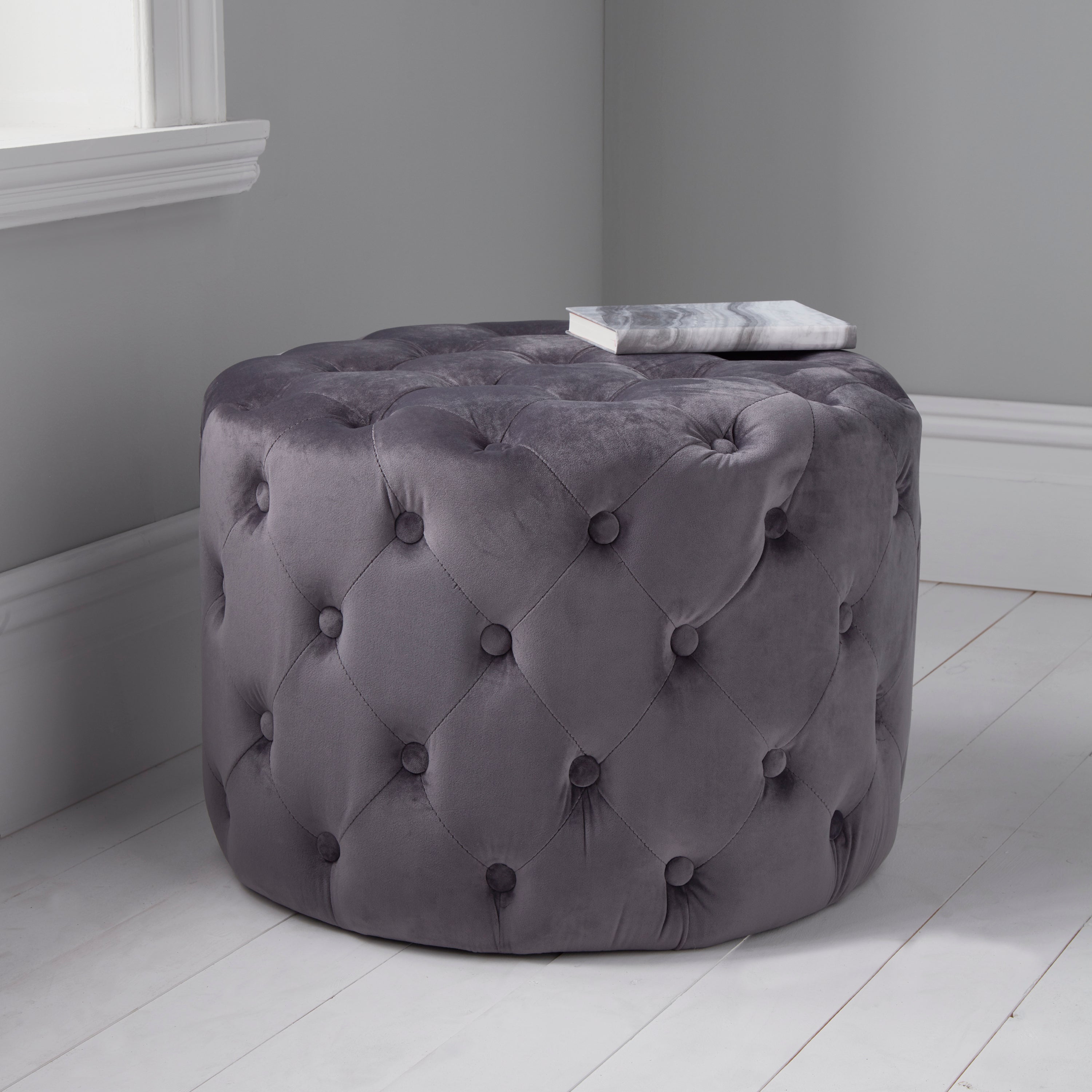 Mystique Grey Tufted Velvet Footstool